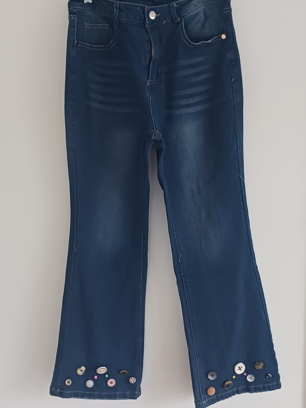 Women’s Denim Flare Leg Jeans with Button Accent Embellishments